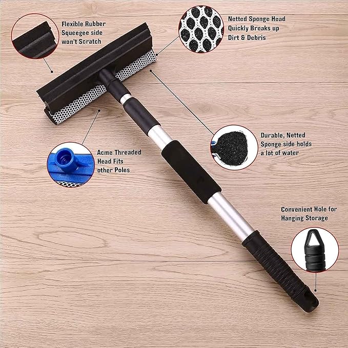 Car Window Cleaning Mop 2 in 1 Glass Cleaning Brush Dual Side Blade Rubber and Sponge Auto Window Cleaning Tool with Extendable Handle | Pack of 1